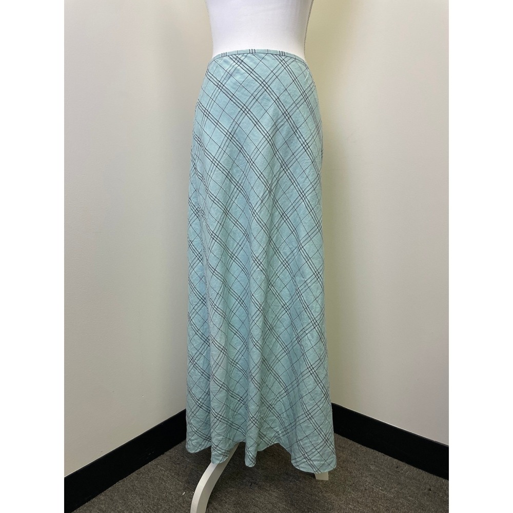 Y2K Merona 100% Linen Maxi Skirt Aqua Blue Plaid Bias Cut Long Skirt Womens 12